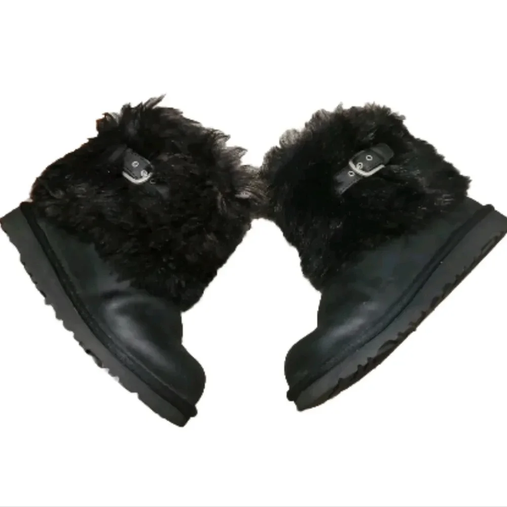 UGG Australia Big Girls Black Leather Ellee Fur Trim Boot 3